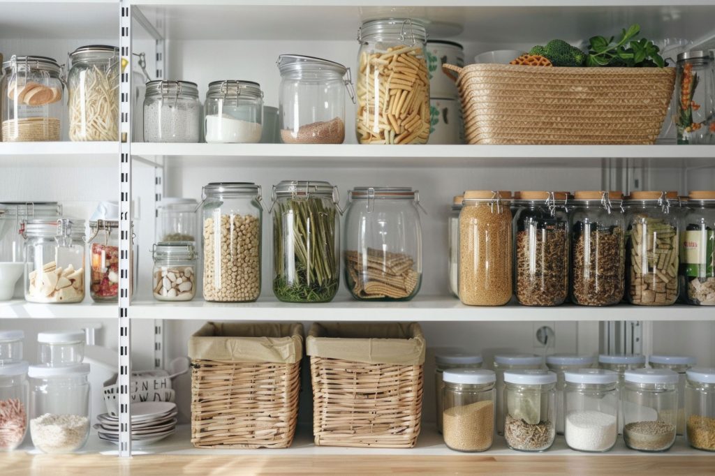 organized pantry with clear jars baskets showcasing variety dry foods ingredients web