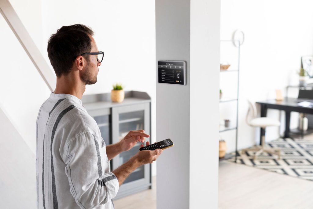 person using smartphone his automated home web